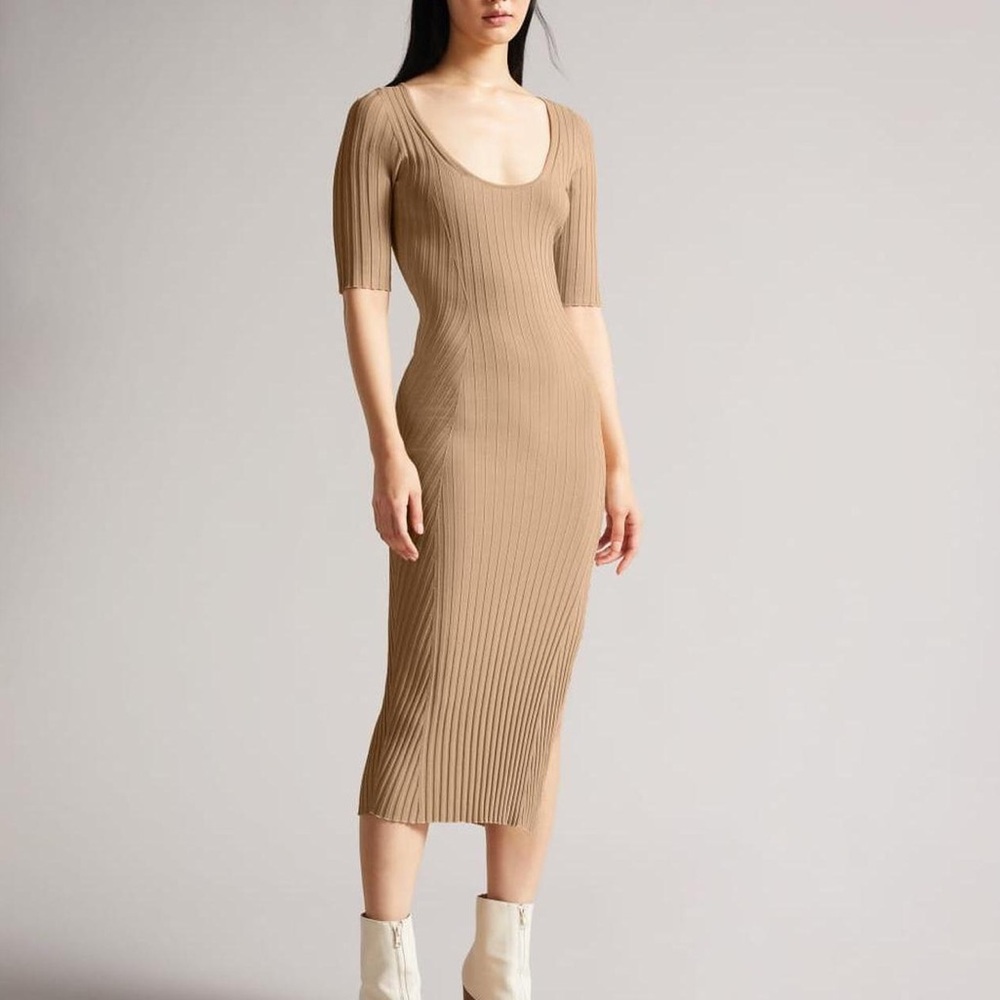 Ted Baker Slim Ribbed Short Sleeve Scoop Neck Side Slit Midi Dress